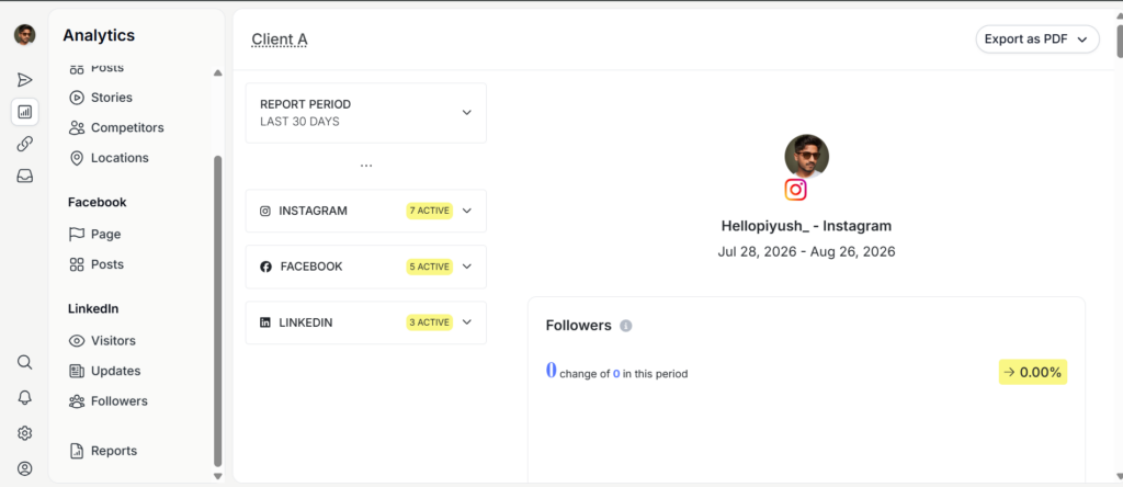 Pallyy analytics dashboard covering Instagram, Facebook and LinkedIn only, with a Competitors report and an Export as PDF button