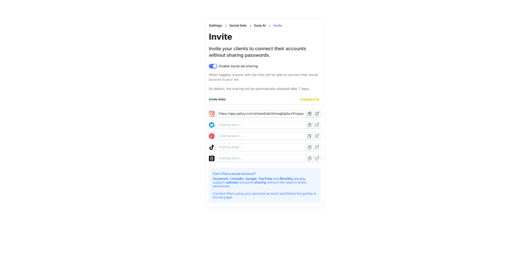 Pallyy client invite page with a live Instagram invite link, X, Pinterest, TikTok and Threads links marked coming soon, and sharing set to expire in 7 days