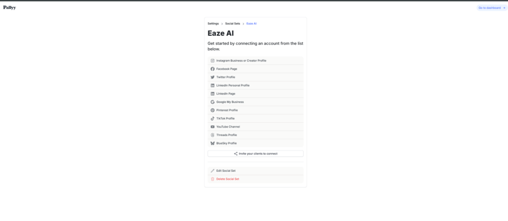 Pallyy Create Social Set screen with a social set name field, the first step before adding a client's social profiles