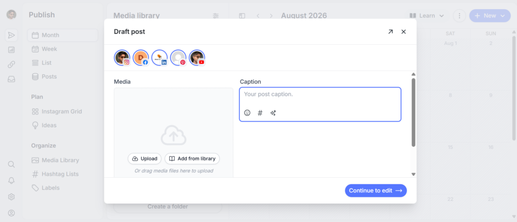 Pallyy Draft post composer with Instagram, Facebook, LinkedIn, Pinterest and YouTube accounts selected, a media upload area and a caption field with emoji, hashtag and AI buttons
