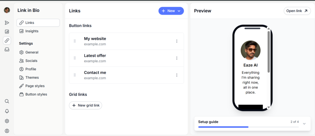 Pallyy Link in Bio builder with button links, grid links and a live mobile preview of the landing page