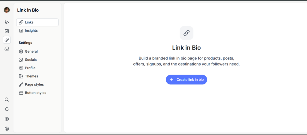 Pallyy Link in Bio start screen with a Create link in bio button and settings for themes, page styles and button styles