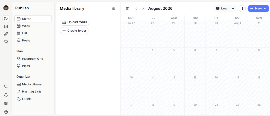 Pallyy Publish dashboard with month, week and list calendar views, Instagram Grid planner and the media library beside a monthly calendar