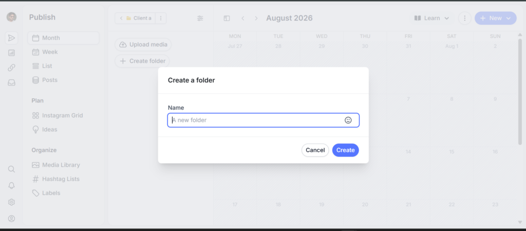 Pallyy media library Create a folder dialog for organising a client's images and videos beside the content calendar