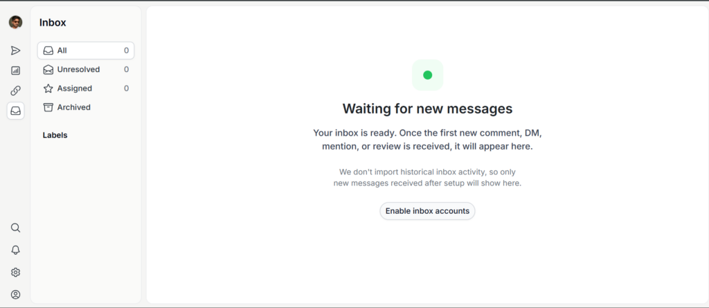 Pallyy social inbox with All, Unresolved, Assigned and Archived views and a notice that historical inbox activity is not imported