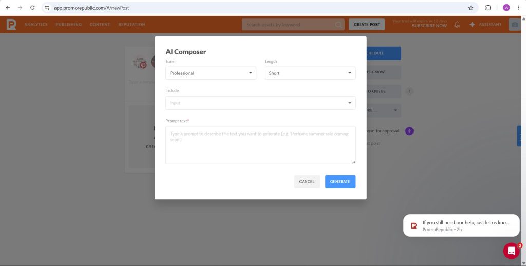 PromoRepublic AI Composer dialog with tone, length, keywords and prompt fields for generating a post