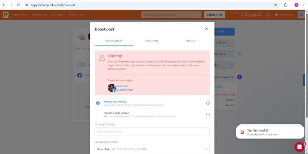 PromoRepublic Boost post dialog for promoting a Facebook post, with campaign, targeting and boost tabs