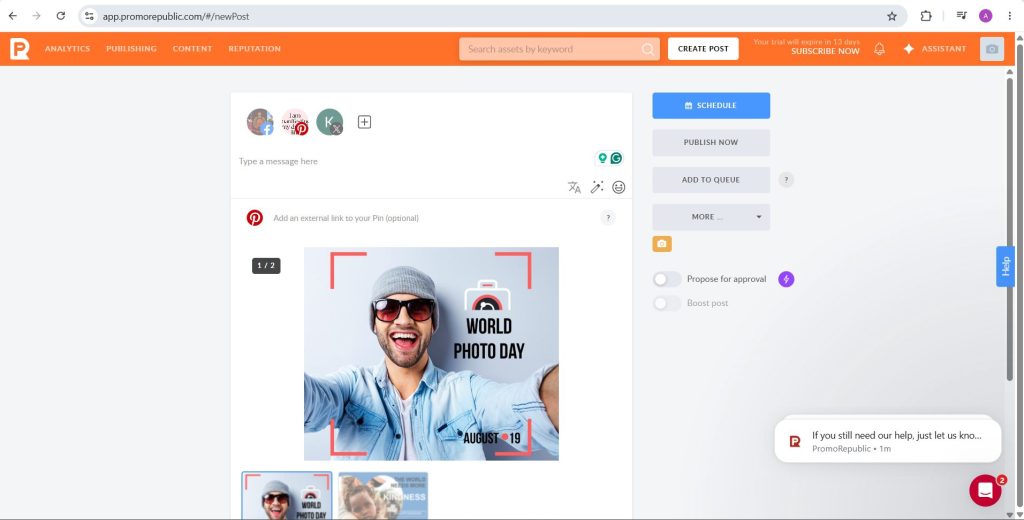 PromoRepublic post composer with Pinterest selected as a publishing destination and a photo post in the preview
