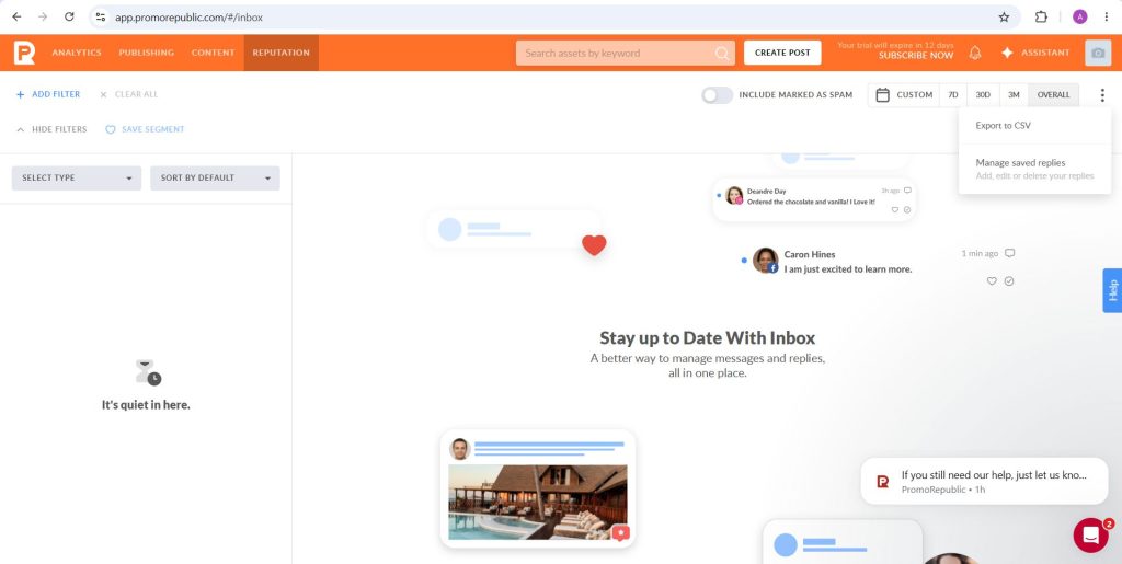PromoRepublic social inbox empty state with the stay up to date with inbox message and the export and saved replies menus
