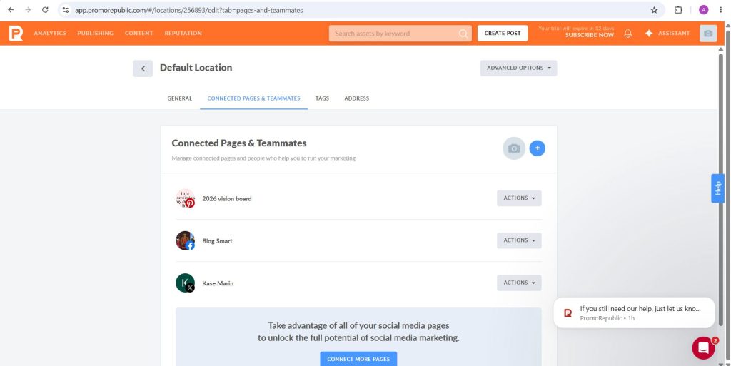 PromoRepublic Default Location page listing connected pages and teammates for a single location