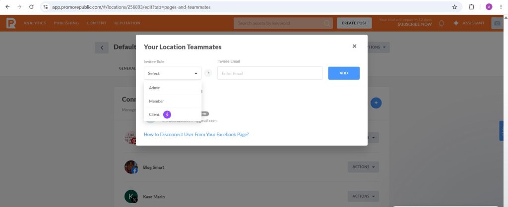 PromoRepublic location teammates invite dialog with Admin, Member and Client role options