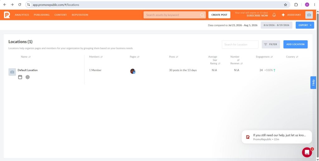 PromoRepublic Locations page listing a Default Location with its member count and engagement stats