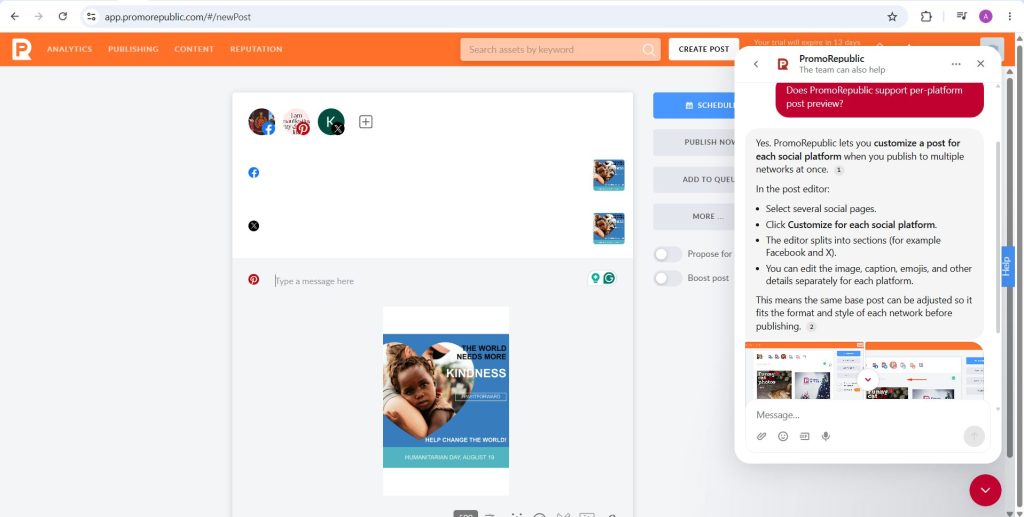 PromoRepublic post editor with per-platform customization and a help panel explaining how to customize a post for each social network