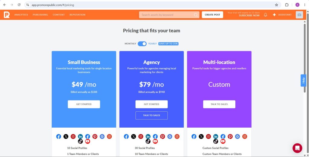 PromoRepublic in-app pricing screen after trial signup showing Small Business at 49 dollars per month and Agency at 79 dollars per month billed annually, plus a custom Multi-location plan