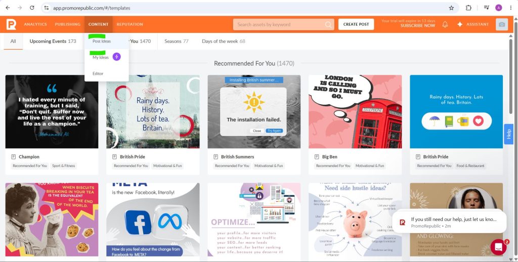 PromoRepublic template library showing recommended post designs grouped by category such as quotes, holidays and tips