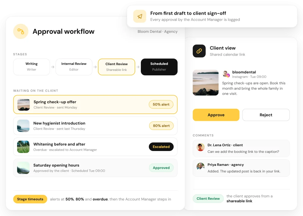 RecurPost staged approval workflow with stage timeout alerts and client review through a shareable link