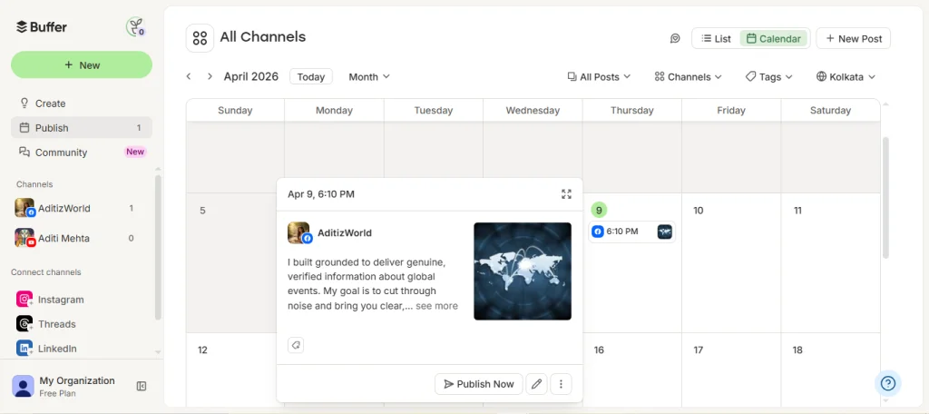 Buffer publish calendar in month view with a scheduled post preview