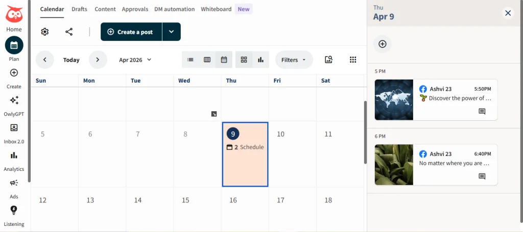 Hootsuite content calendar in month view with a day panel of scheduled posts