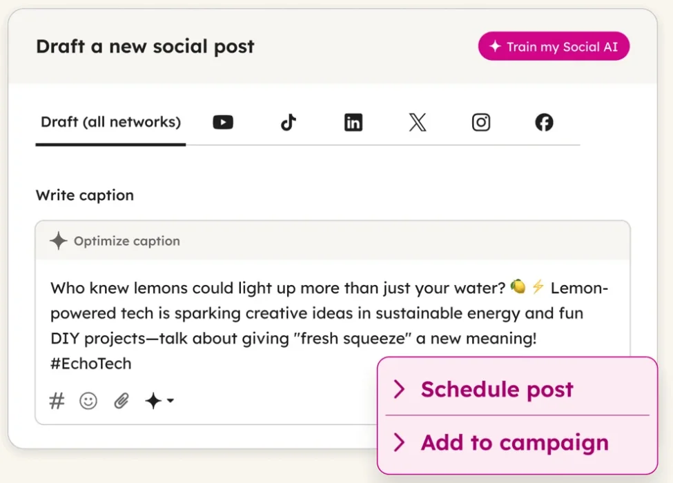 HubSpot social post composer with Schedule post and Add to campaign options