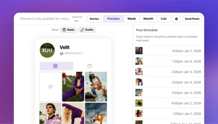 Later visual planner with Instagram grid preview and post schedule