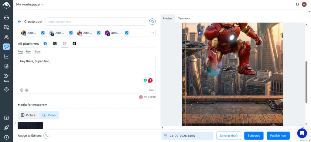 NapoleonCat create post composer with platform tabs and preview