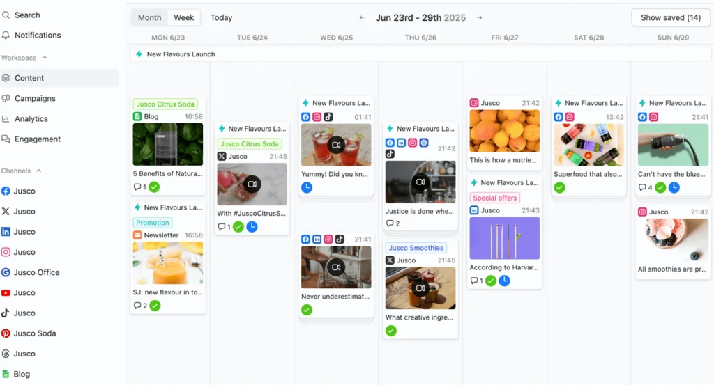 Planable content calendar in week view with posts across channels