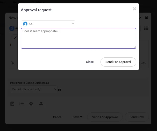 Sendible approval request dialog in the post composer