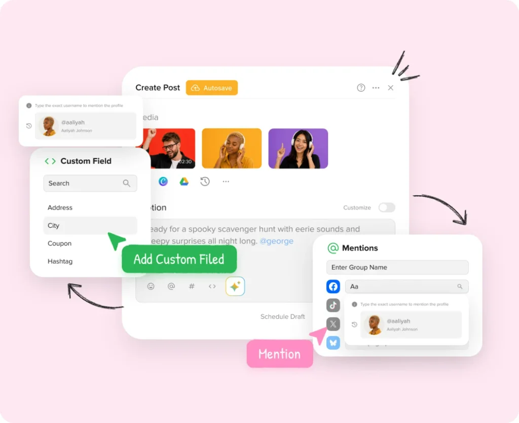 SocialPilot Create Post composer with custom fields and mentions