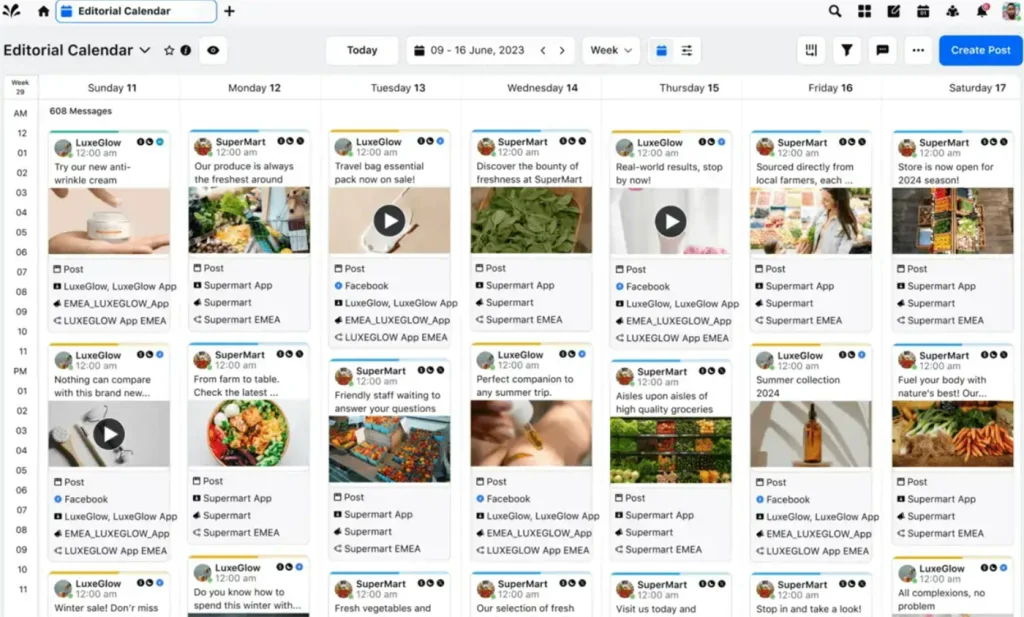 Sprinklr Social editorial calendar in week view