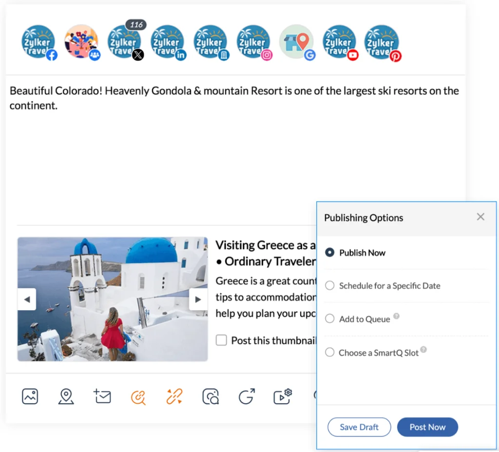 Zoho Social post composer with publishing options